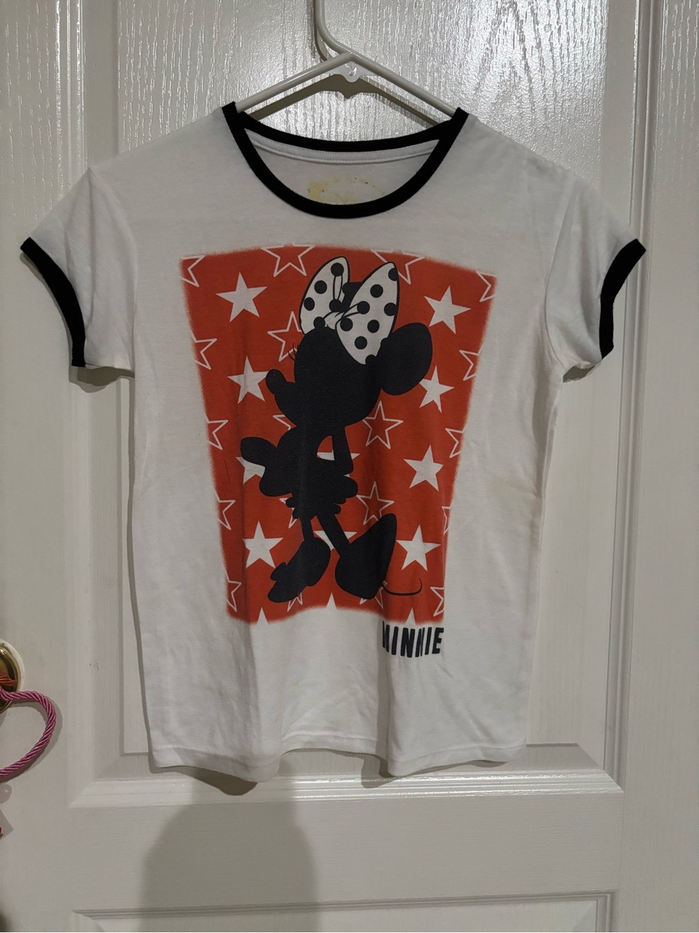 Disney White Tee with Red Star Panel and Black Minnie Silhouette